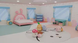 Whimsical 3D cartoon children's room model with customizable textures and playful elements, suitable for creative projects.