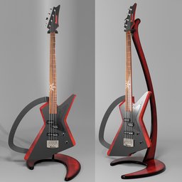 "3D model of the Ibanez D'Stroyah MDB5 bass guitar, a part of the instruments category in BlenderKit. Modeled with Blender 3D software and featuring black steel with red trim, the Mike D'Antonio Signature Series guitar sits on a bulldog stand, offering a simple beauty and great sound."