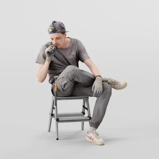 3D model of a young male worker in casual gear with headlamp sitting and smoking, for Blender animation.