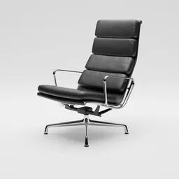 "Vitra Soft Pad Chair EA 222 and matching stool EA 223 in black leather and chrome frame, designed by Charles and Ray Eames. Perfect for ultimate comfort with adjustable tilt mechanism and footrest. 3D model for Blender 3D."