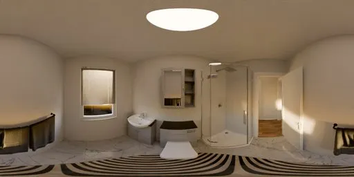 Panoramic HDR image of a sleek white bathroom with modern rug, providing a clean, bright scene for 3D lighting.
