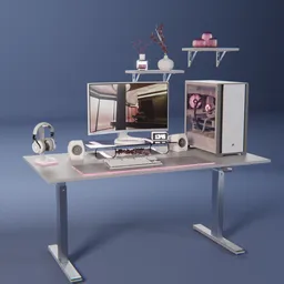 Modern minimalist gaming setup 3D model with high-end PC, curved monitor, and adjustable desk designed in Blender.