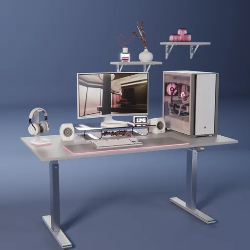 Modern minimalist gaming setup 3D model with high-end PC, curved monitor, and adjustable desk designed in Blender.