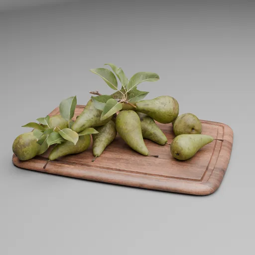 Green Pears on Wooden Tray