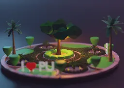Detailed Blender 3D miniature university campus model featuring a central tree, pathways, and benches.