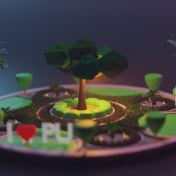Detailed Blender 3D miniature university campus model featuring a central tree, pathways, and benches.