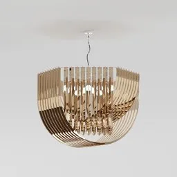"Modern ceiling light with glossy chrome finish and smoke crystal shades. This BlenderKit 3D model features a wooden structure and golden accents, with a diameter of 77cm and height of 87cm. Perfect for adding a stylish touch to any living room or bedroom."