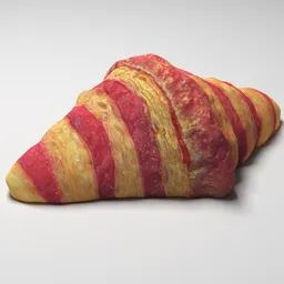 "3D model of Raspberry Croissant created using Lidar and remesh in Blender 3D. This restaurant-bar category 3D model features a croissant-shaped pillow with red and yellow stripes, ham, and a hyperrealistic depiction of a morning treat. Perfect for enhancing your restaurant or food-inspired designs."