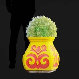 Detailed 3D model of a vibrant yellow and red traditional Kyrgyz vase with lush greenery, featuring high-quality 8K PBR textures.