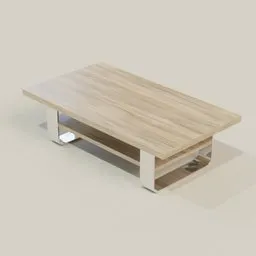 3D model of a modern coffee table with sleek wood finish and reflective metal legs, suitable for Blender rendering.