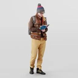 Realistic 3D male model in casual autumn attire with backpack, reading a book, optimized for Blender rendering.