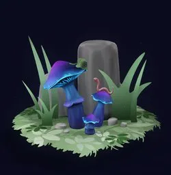 Detailed Blender 3D model featuring luminescent mushrooms and a small worm, perfect for fantasy scenes.