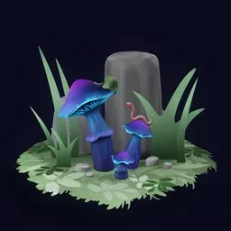 "Blue glowing mushrooms in a lush forest clearing with stones, featuring bioluminescence and a worm perched on one, created using Blender 3D software."