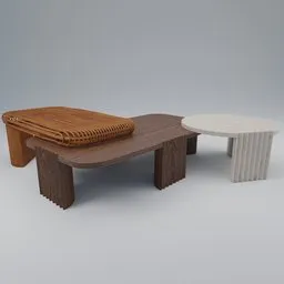 Detailed 3D model set of stylish coffee tables featuring unique design textures, ideal for Blender rendering.