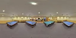 360-degree panoramic HDR image of a well-lit indoor snooker room with multiple tables and arcade games for scene lighting.