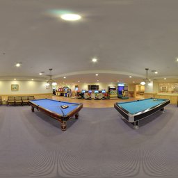 360-degree panoramic HDR image of a well-lit indoor snooker room with multiple tables and arcade games for scene lighting.