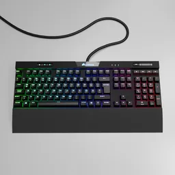 "Premium CORSAIR K70 RGB MK.2 mechanical gaming keyboard 3D model with aluminum frame and CHERRY MX keyswitches, perfect for gamers and Twitch streamers. Rendered with beautiful lighting and dark rainbow colors in Blender 3D."