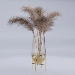 Realistic Blender 3D model featuring a tall, elegant vase with pampas grass and intricate golden base details.