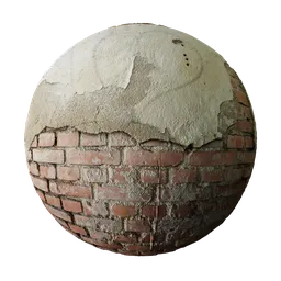 High-resolution 8K PBR photorealistic brick texture with damage and worn plaster for 3D modeling.