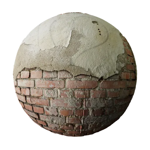 High-resolution 8K PBR photorealistic brick texture with damage and worn plaster for 3D modeling.