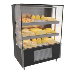 "Restaurant-Bar Hot Food Display 3D Model for Blender 3D - Featuring High Resolution Film Render and Various Baked Goods in a Slim Display Case with Fluorescent Lamp."