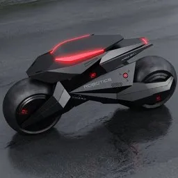 Low poly futuristic motorcycle robot model with red accents created in Blender 3.5, ideal for sci-fi sport 3D renders.