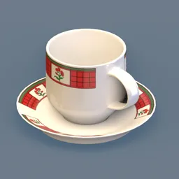 Detailed 3D-rendered tea cup with saucer, featuring red patterns, for Blender artists and tableware visualization.