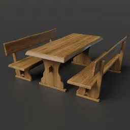 Detailed 3D model of a textured wooden table with matching benches, designed for Blender rendering.
