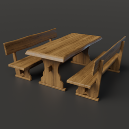 "Rustic wooden table and benches for outdoor furniture category in Blender 3D. Perfect for cozy indoor and outdoor scenes, inspired by Miyamoto and with elements of f40 and stone pews."
