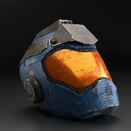 "Scifi Worn Space Helmet with Dirt Texture - Highly Detailed 3D Model for Blender 3D. Featuring Blue and Orange Color Scheme, Character Icon, Realism of 95%, and Inspiration from Doomguy and Spartan Warrior."
