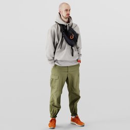 Realistic Blender 3D model of a tall, bald young man in casual attire with meticulous details and textures.