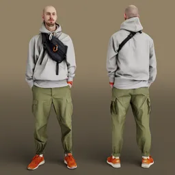 Realistic Blender 3D model of a tall, bald young man in casual attire with meticulous details and textures.