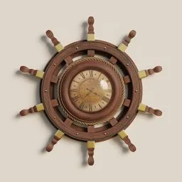 High-resolution Blender 3D model of nautical-themed ship's wheel clock with intricate wooden textures.