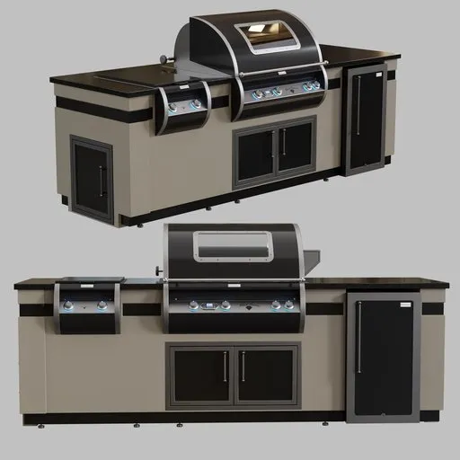 Detailed 3D model of an outdoor kitchen setup rendered in Blender, showcasing a modern design with realistic textures.