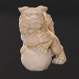 "Rendered clay lion figurine with pre-baked shadows and optimized geometry for Blender 3D. Suitable for background use in cityscape scenes or game asset sheets. Highly detailed with chinoiserie pattern and bump map."