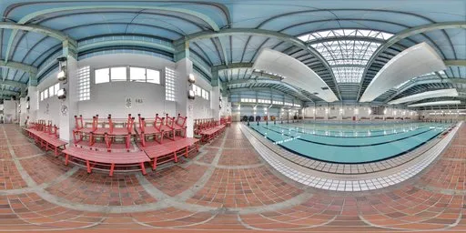 Indoor pool HDR scenery with red chairs and detailed 4k tiled flooring for realistic scene lighting