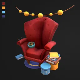 High-quality red 3D armchair model with accessories, ready for Blender rendering and game integration.