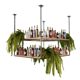"Bar Ceiling Shelf: A visually striking 3D model for Blender 3D, featuring two shelves adorned with bottles, plants and suspended from the ceiling. Inspired by the surrealism aesthetic, the design is both complex and detailed. Perfect for creating a tropical, bar or cantina atmosphere."