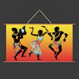 "Three African people performing a traditional dance in an African plain, displayed as wall hanging art for cultural and commercial designs in Blender 3D."