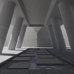 Minimalist 3D architectural outdoor scene with pillars and water feature for Blender modeling.