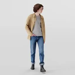 Young male 3D model in casual attire with stripes and beige jacket for Blender rendering, showcasing a walking pose.