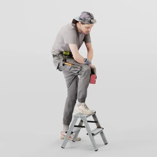 Highly detailed 3D Blender model of man positioned on stepladder, equipped with construction gear and tools.