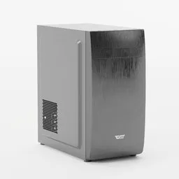 "Steel grey office desktop computer model with minimalist design and highly detailed product photo. Perfect for Blender 3D projects and suitable for both business and home use."