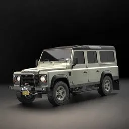 "High quality Land Rover Defender 110-1990 3D car model for off-road and archviz scenes. Detailed with greenish lighting, grey metal body, and black roof. Perfect for game asset and digital still projects."