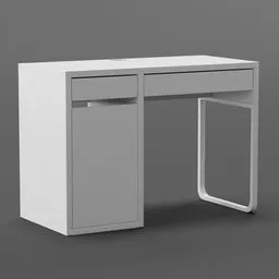 "White MIKKE Ikea desk with drawer and centered design in high polygon 3D model for Blender 3D. Perfect for any interior with the option to add other tables and cabinets from the MIKKE series. Created using Blender 3D software."