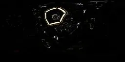 Illuminated hexagon shapes in a dark, glossy space station corridor for 3D scene lighting.