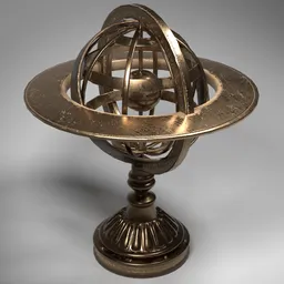 "Antique Brass Celestial Globe Planet - a high-quality 3D model for Blender 3D. This medieval-themed globe, inspired by Nicolas Lancret, features stunning details and a golden thread, holding a glowing orb. Ideal for astral projection renders, it captures the essence of the Renaissance era with a touch of wonderdraft and starfinder style."