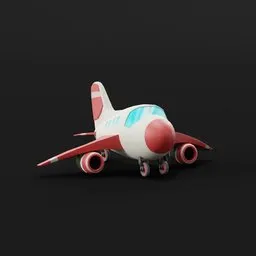 Alt text: "Low poly passenger airplane 3D model for Blender 3D. Perfect for video games and motion graphics. Features include a close-up view of a toy airplane on a black surface, inspired by Goro Fujita's style. Ideal for game assets and designed with elements from Jetsons, Thunderbird 2, and Elon Musk in Fortnite."
