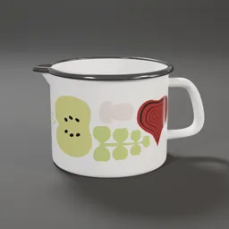 "Enamel Jug - Blender 3D Model with Alfons Walde-inspired design and decorative elements, ideal for 3D rendering and CG projects. This container features a white mug with a motif of olives, pots and pans, pickles, and an ox, delivering a visually appealing and trend-setting asset. Perfect for creating realistic scenes with ray tracing"