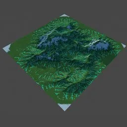 "Beautifully crafted 3D model of a spring mountain range with forests, created using Blender 3D software. Featuring a stunning green and blue color scheme and an isometric voxel art design reminiscent of Skyrim maps. This high-quality terrain with 8K resolution and intricate details is perfect for adding depth and realism to your project."